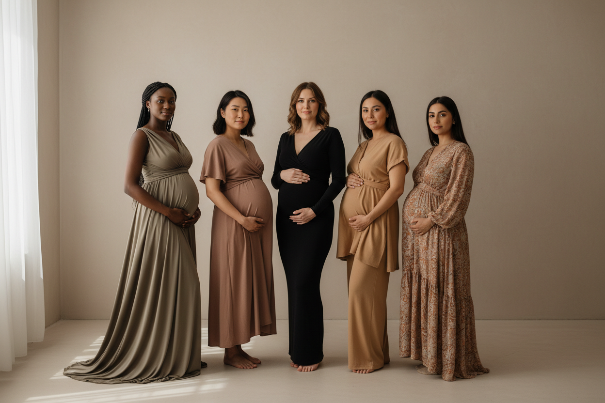 Multiple pregnant women of different ethnicity, standing, calm posture, direct gaze. using the colors, warm sand, soft clay, charcoal Black and olive taupe for the outfits